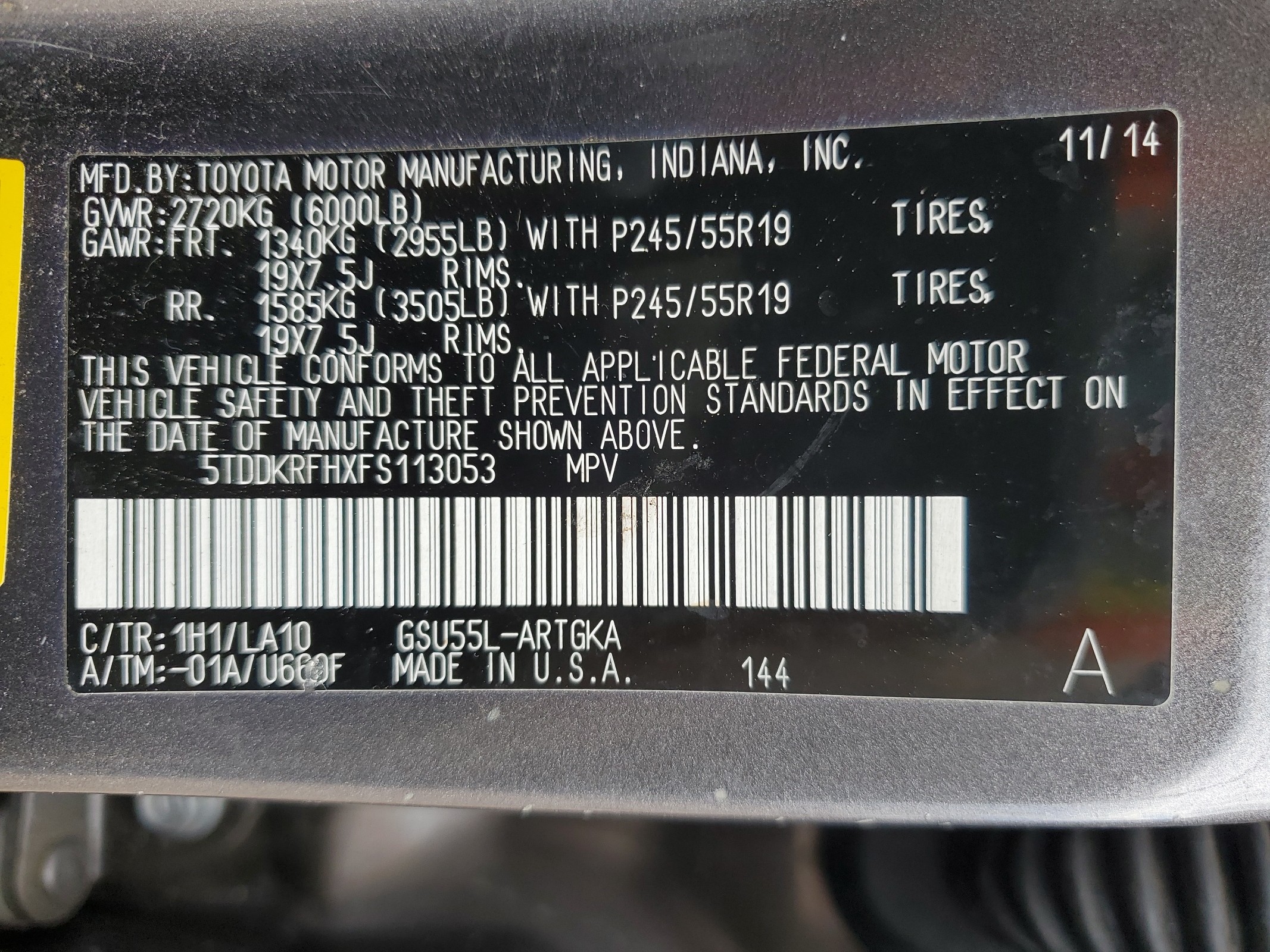 5TDDKRFHXFS113053 2015 Toyota Highlander Limited