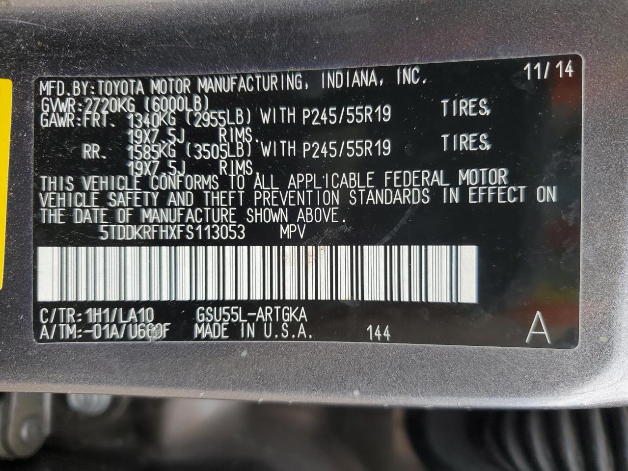 2015 Toyota Highlander Limited VIN: 5TDDKRFHXFS113053 Lot: 63355394