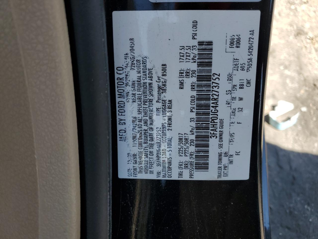 2010 Ford Fusion Sel VIN: 3FAHP0JG4AR273752 Lot: 63977234