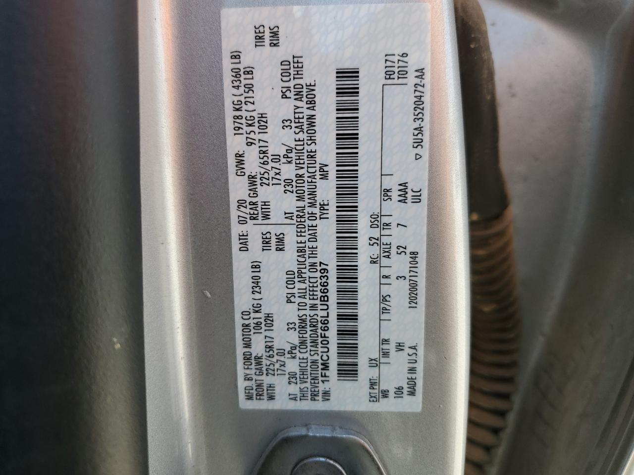 1FMCU0F66LUB66397 2020 FORD ESCAPE - Image 15