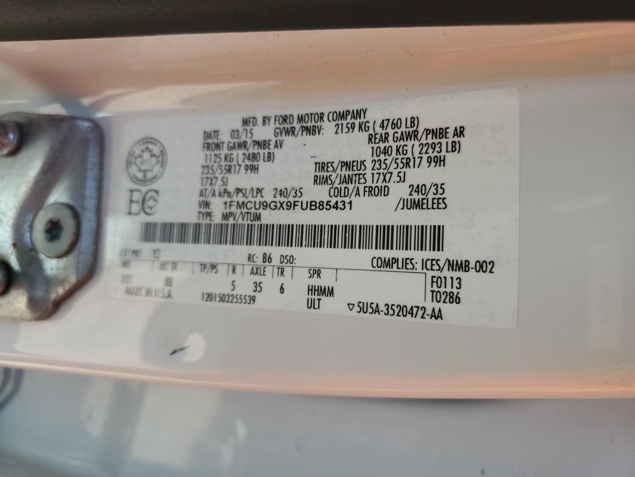 2015 Ford Escape Se VIN: 1FMCU9GX9FUB85431 Lot: 62991064