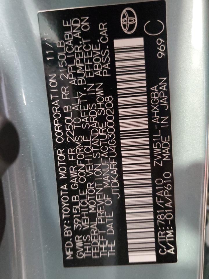 2016 Toyota Prius VIN: JTDKARFU4G3000208 Lot: 65555434