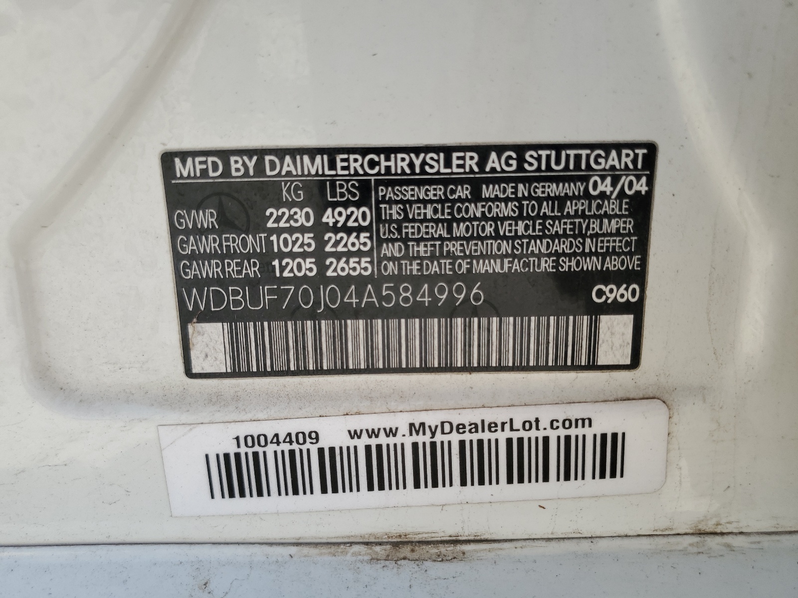 WDBUF70J04A584996 2004 Mercedes-Benz E 500