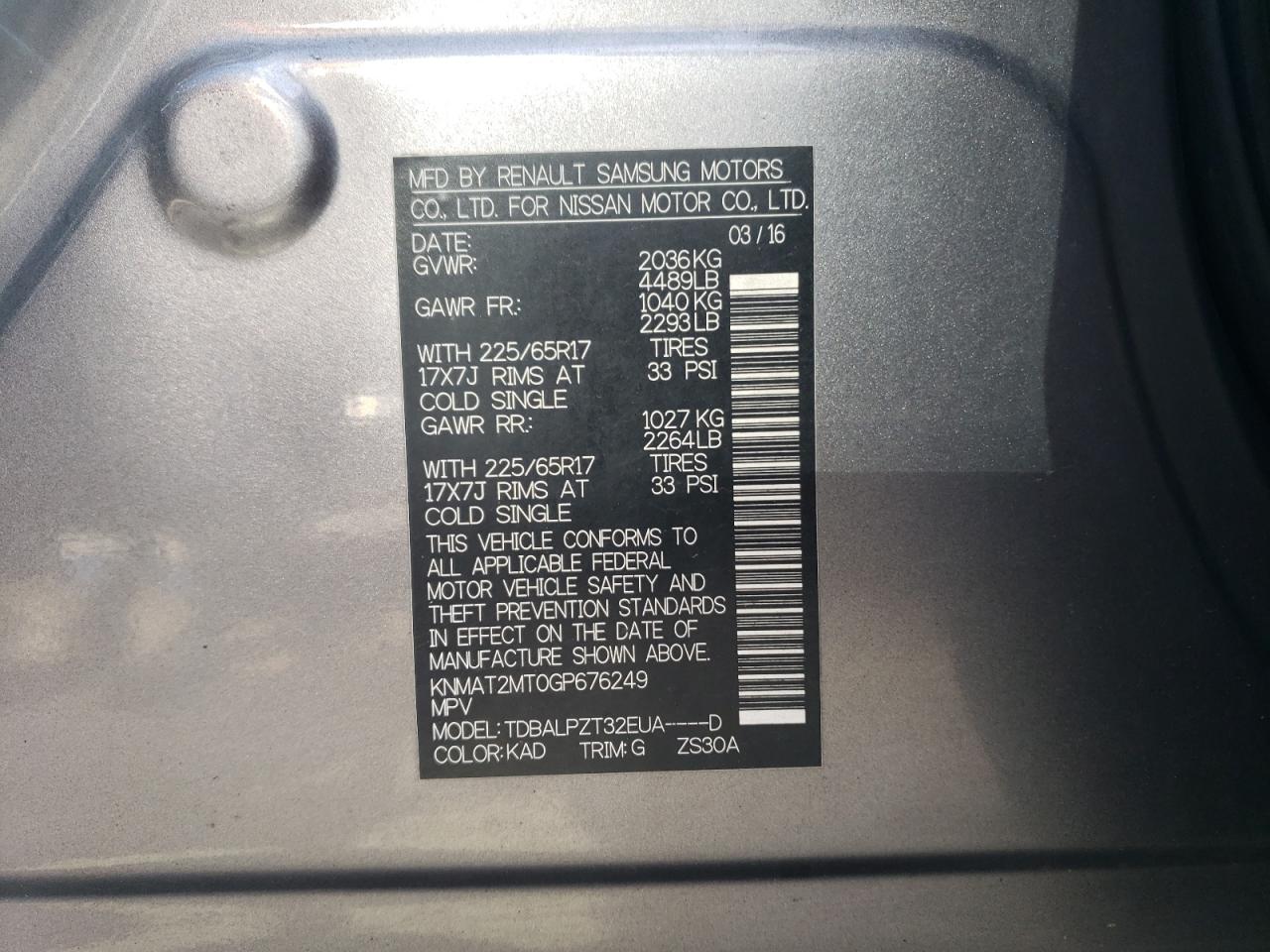 2016 Nissan Rogue S VIN: KNMAT2MT0GP676249 Lot: 65381014