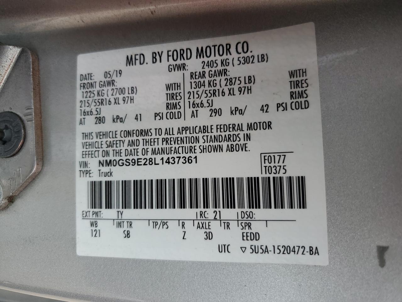 2020 Ford Transit Connect Xl VIN: NM0GS9E28L1437361 Lot: 63816454