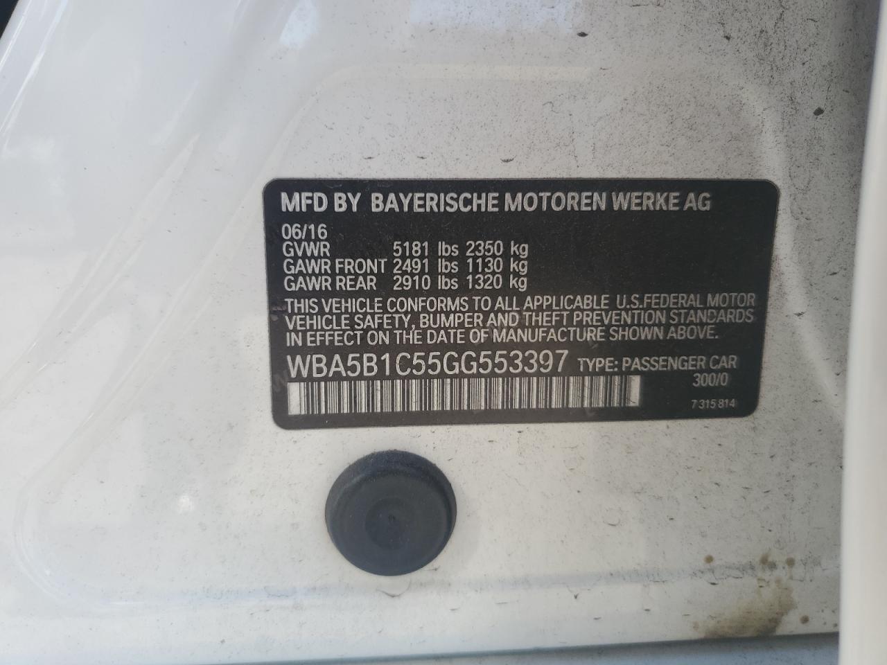 2016 BMW 535 I VIN: WBA5B1C55GG553397 Lot: 63510044