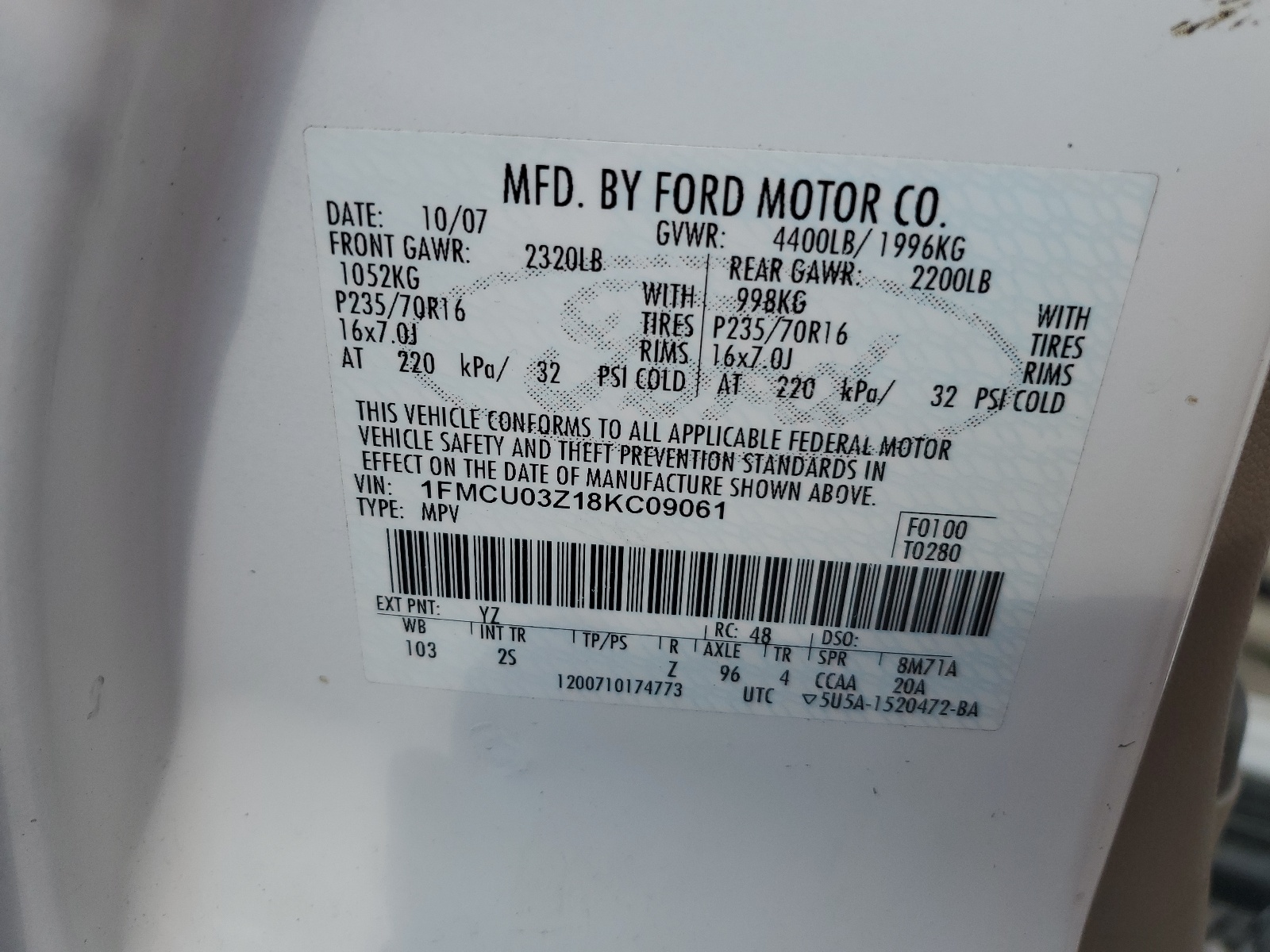 1FMCU03Z18KC09061 2008 Ford Escape Xlt