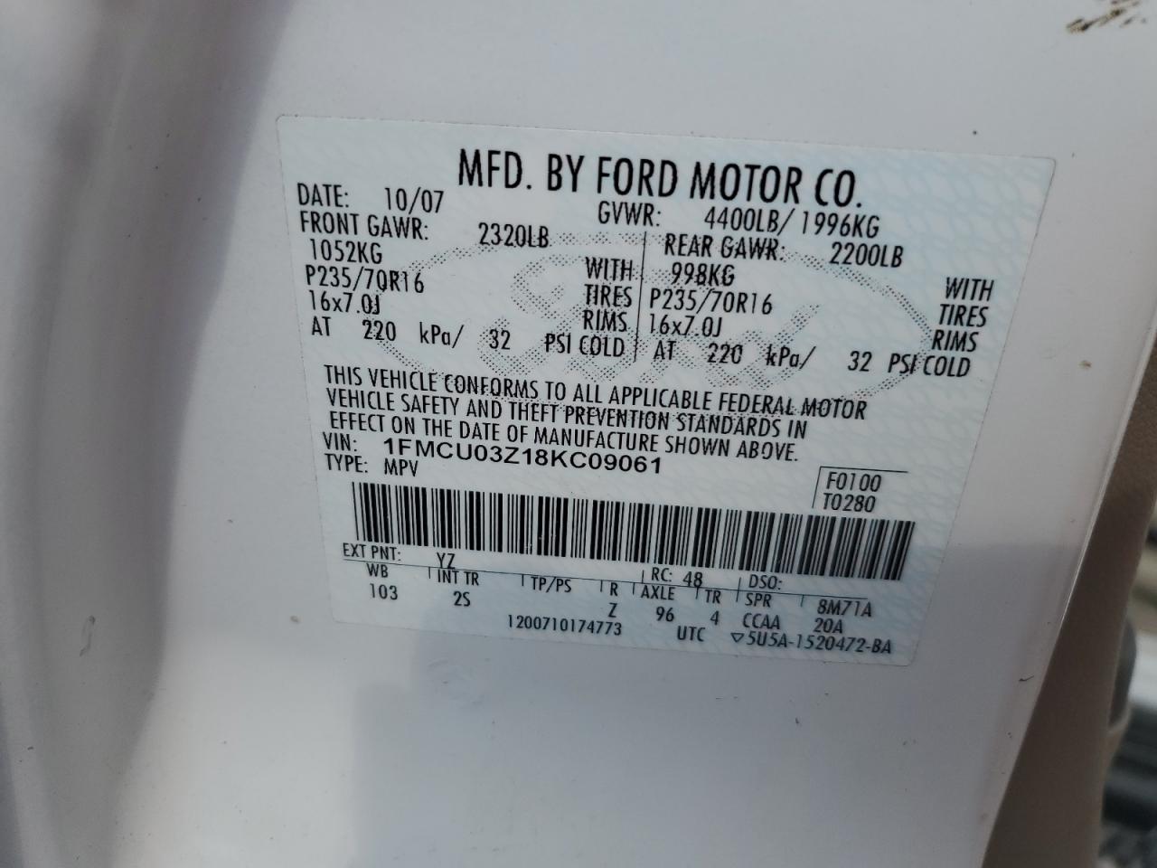 2008 Ford Escape Xlt VIN: 1FMCU03Z18KC09061 Lot: 63530644