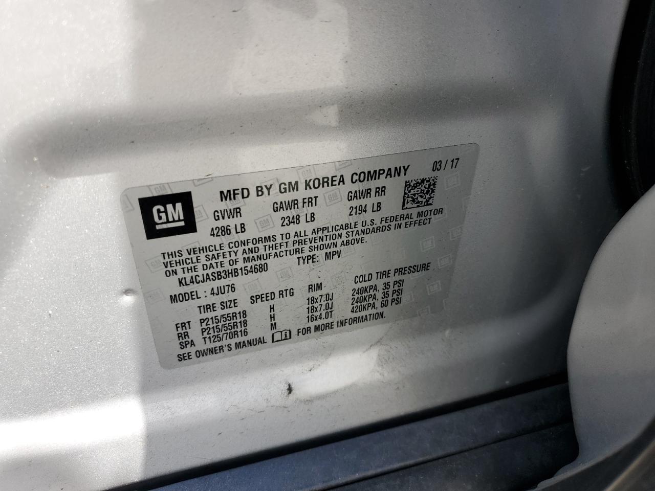 2017 Buick Encore Preferred VIN: KL4CJASB3HB154680 Lot: 62793064