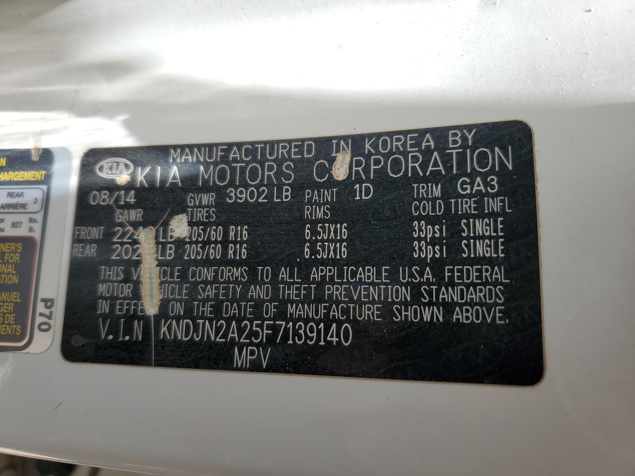 2015 Kia Soul VIN: KNDJN2A25F7139140 Lot: 61335254