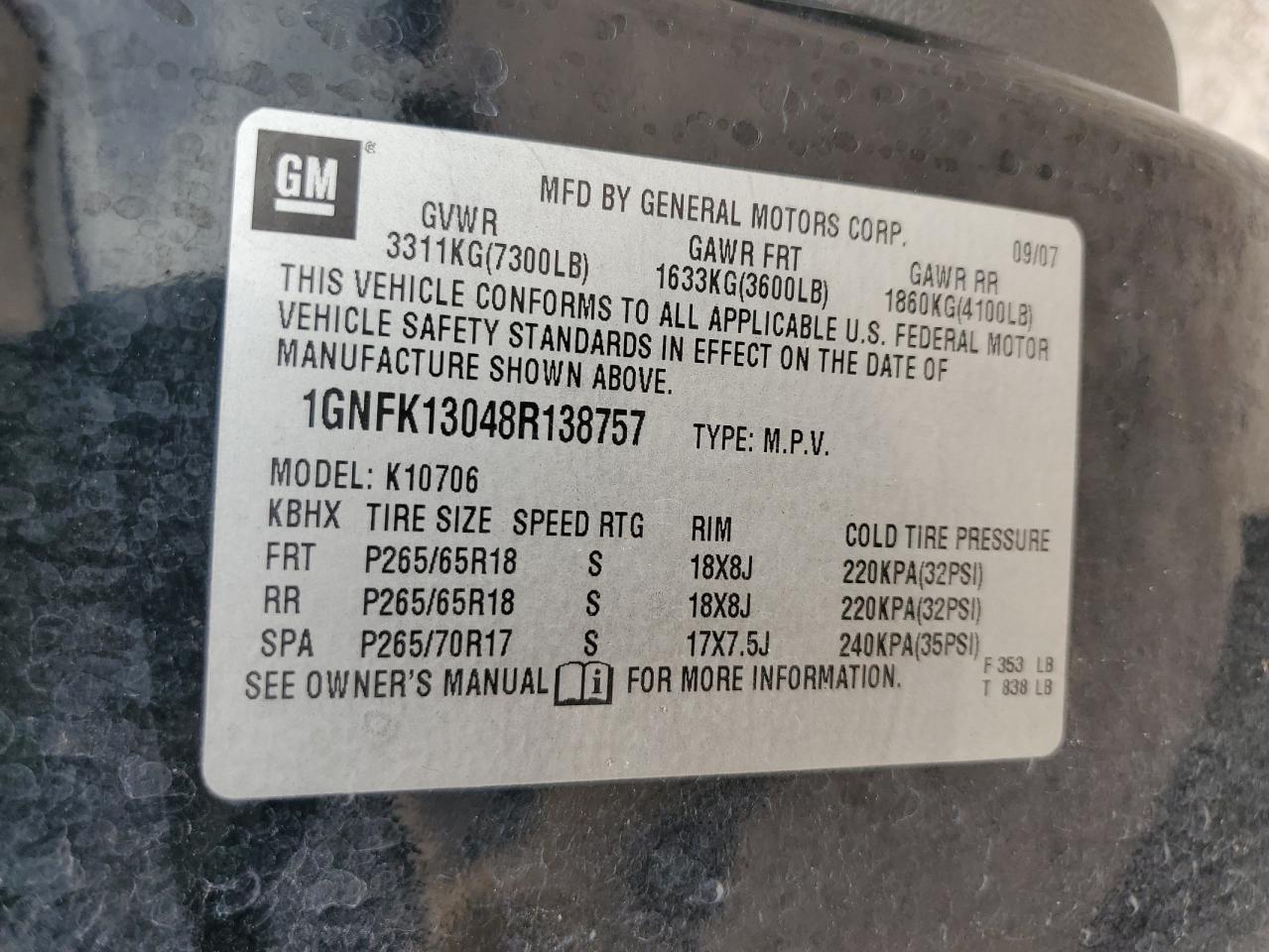 2008 Chevrolet Tahoe K1500 VIN: 1GNFK13048R138757 Lot: 63092644