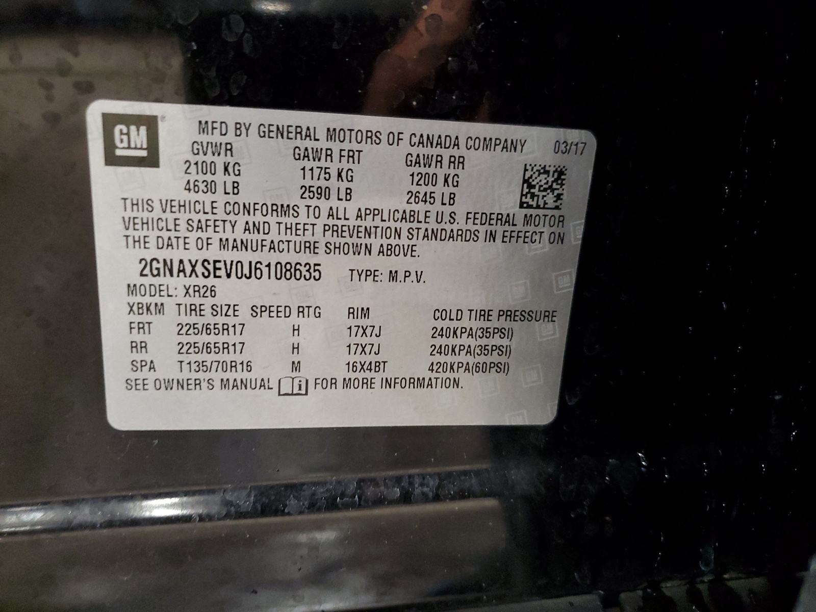 2GNAXSEV0J6108635 2018 Chevrolet Equinox Lt