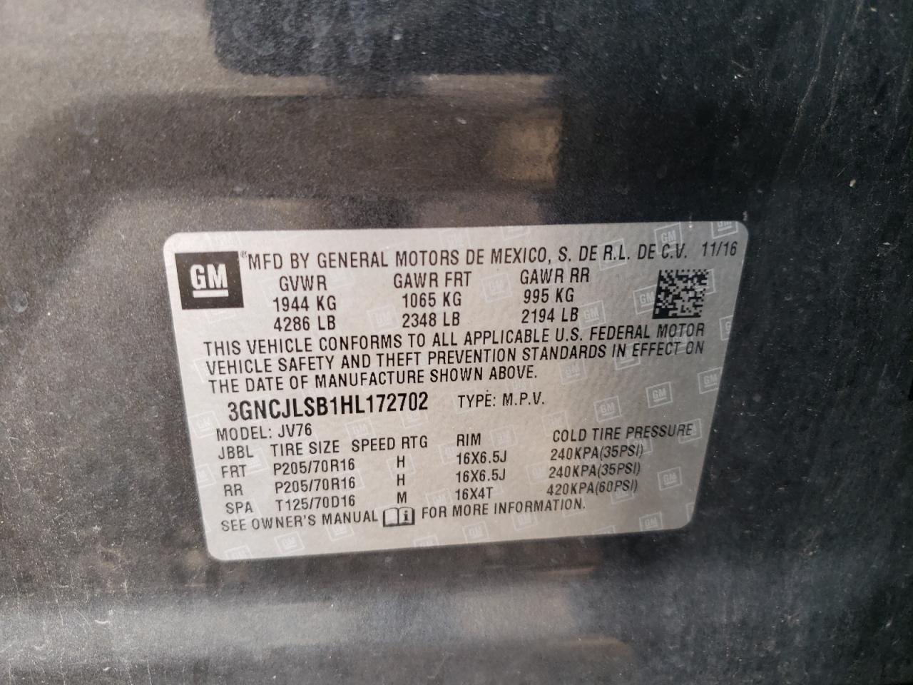 2017 Chevrolet Trax 1Lt VIN: 3GNCJLSB1HL172702 Lot: 64989084