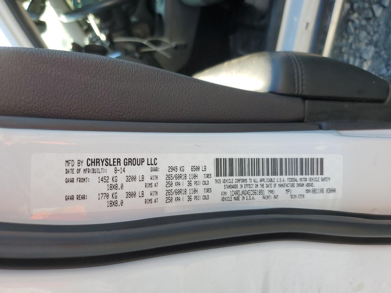 2014 Dodge Durango Sxt VIN: 1C4RDJAGXEC561891 Lot: 63123724