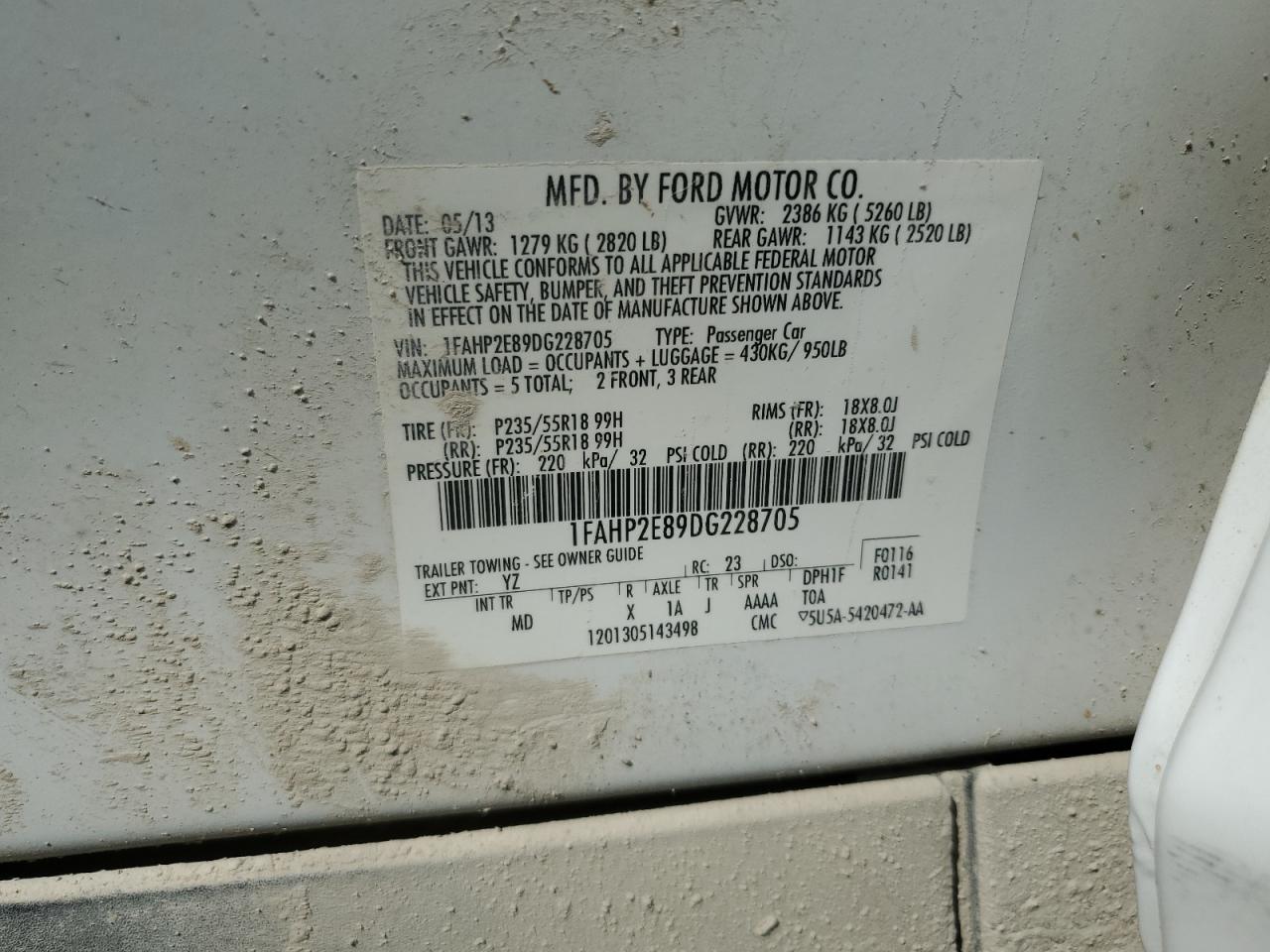 2013 Ford Taurus Sel VIN: 1FAHP2E89DG228705 Lot: 62079924