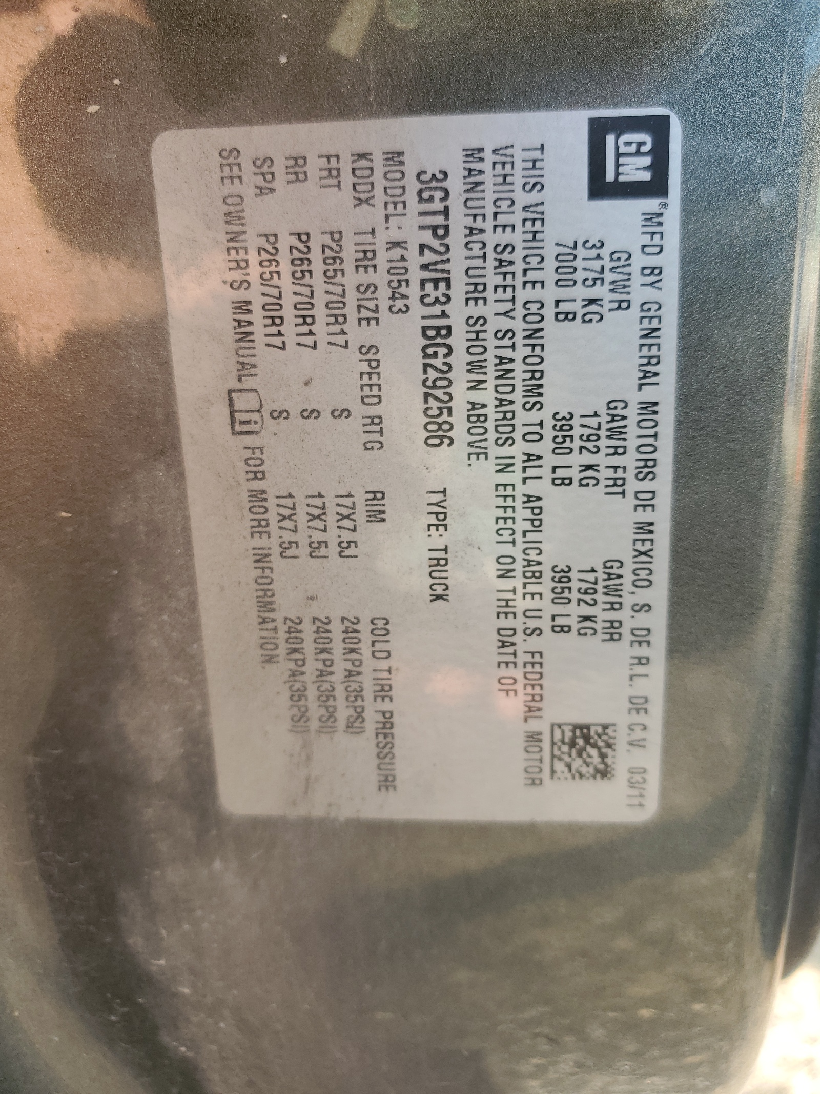 3GTP2VE31BG292586 2011 GMC Sierra K1500 Sle