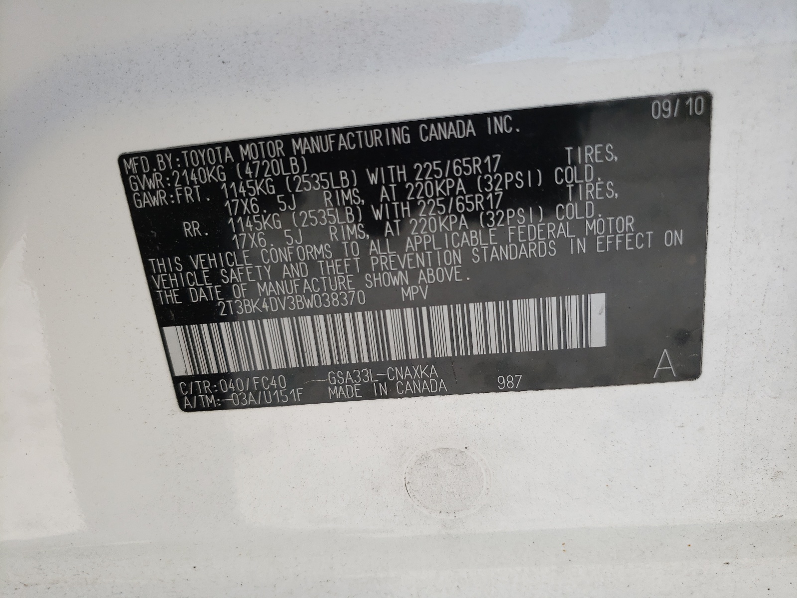 2T3BK4DV3BW038370 2011 Toyota Rav4