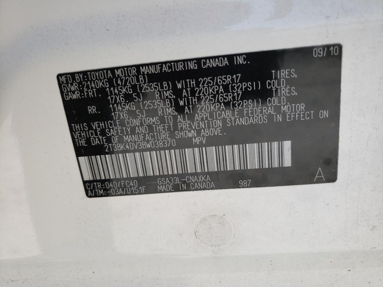 2011 Toyota Rav4 VIN: 2T3BK4DV3BW038370 Lot: 61861744