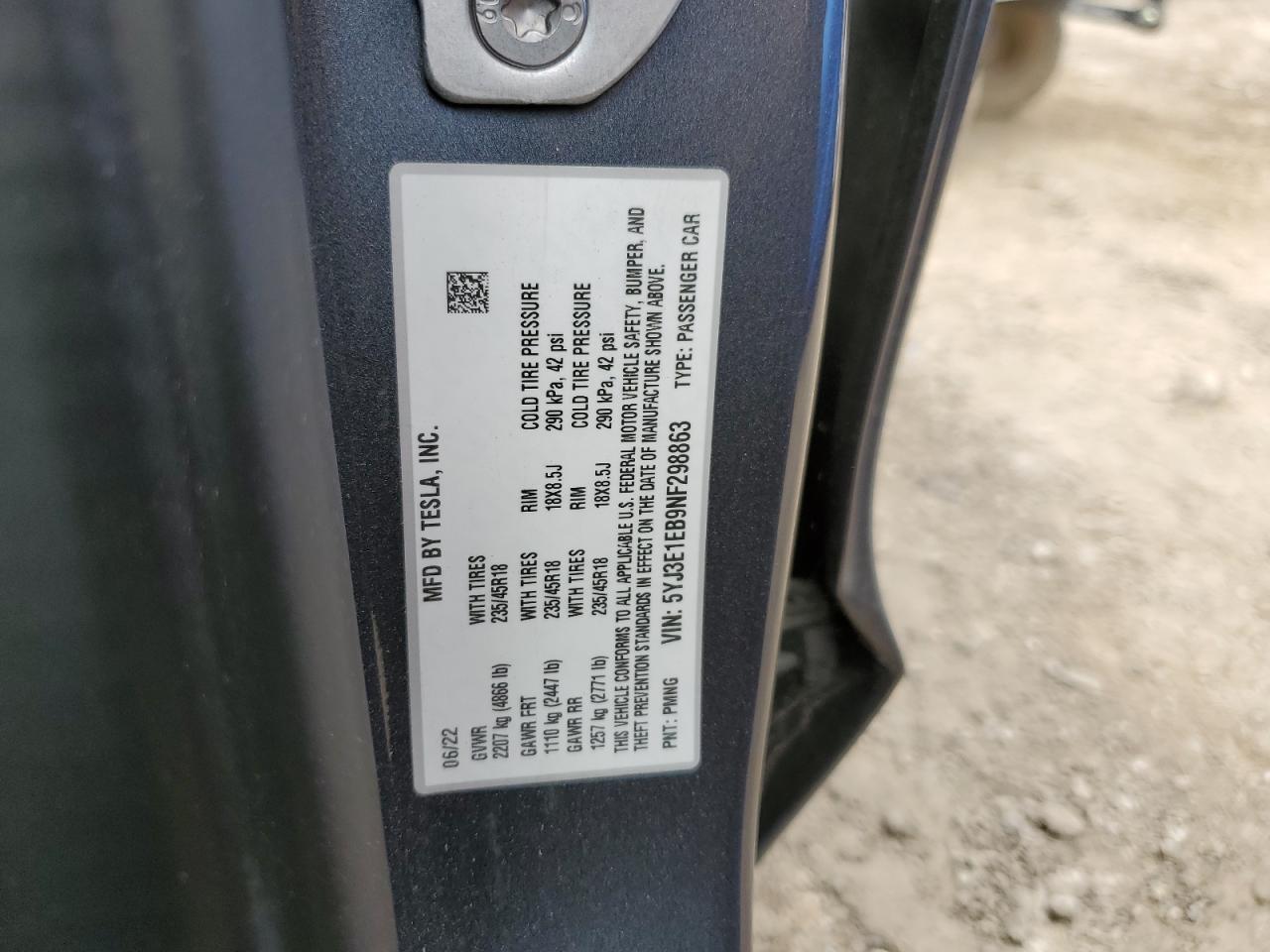 5YJ3E1EB9NF298863 2022 Tesla Model 3