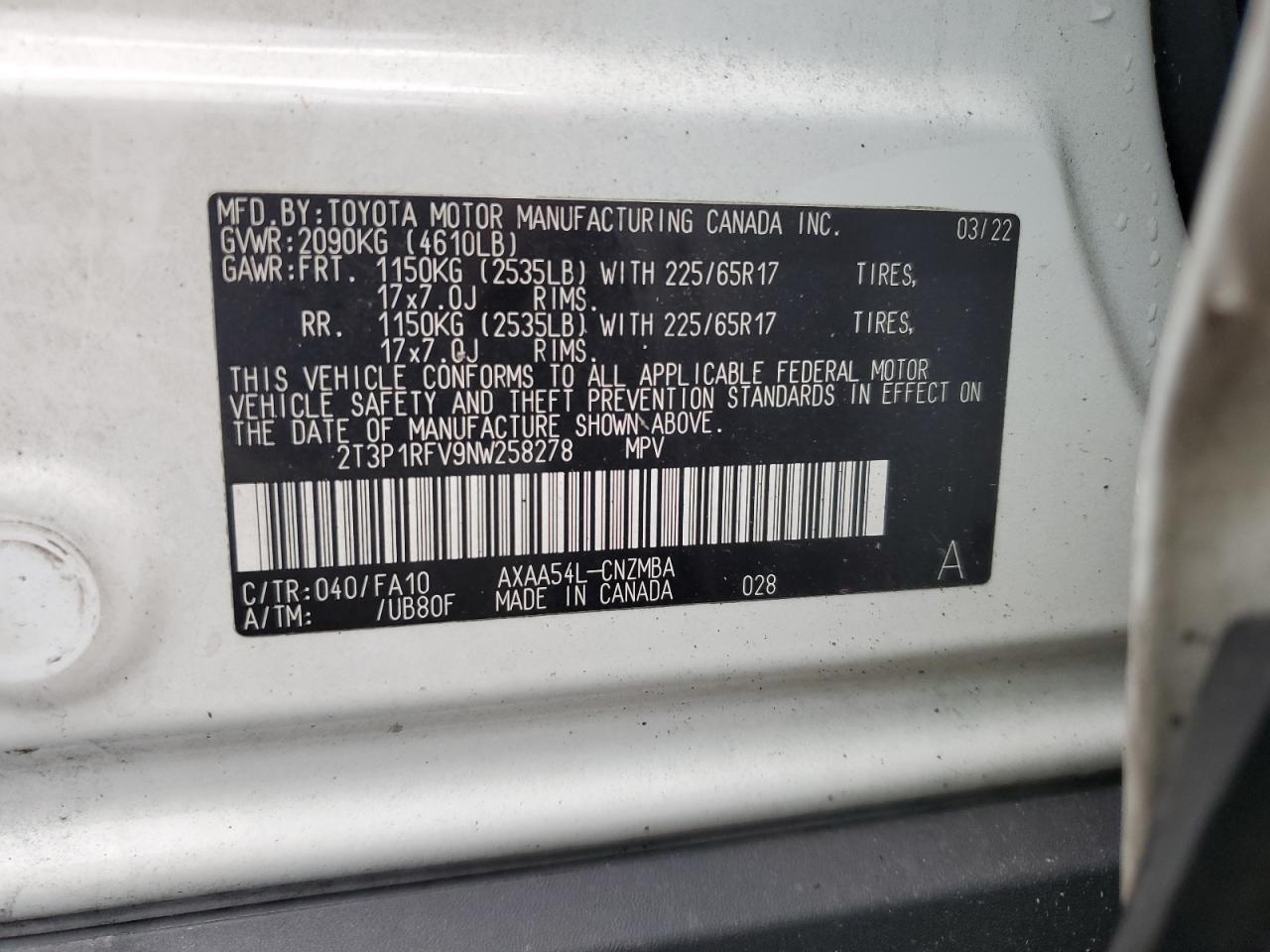 2T3P1RFV9NW258278 2022 Toyota Rav4 Xle