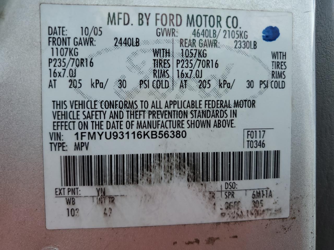 2006 Ford Escape Xlt VIN: 1FMYU93116KB56380 Lot: 63347374