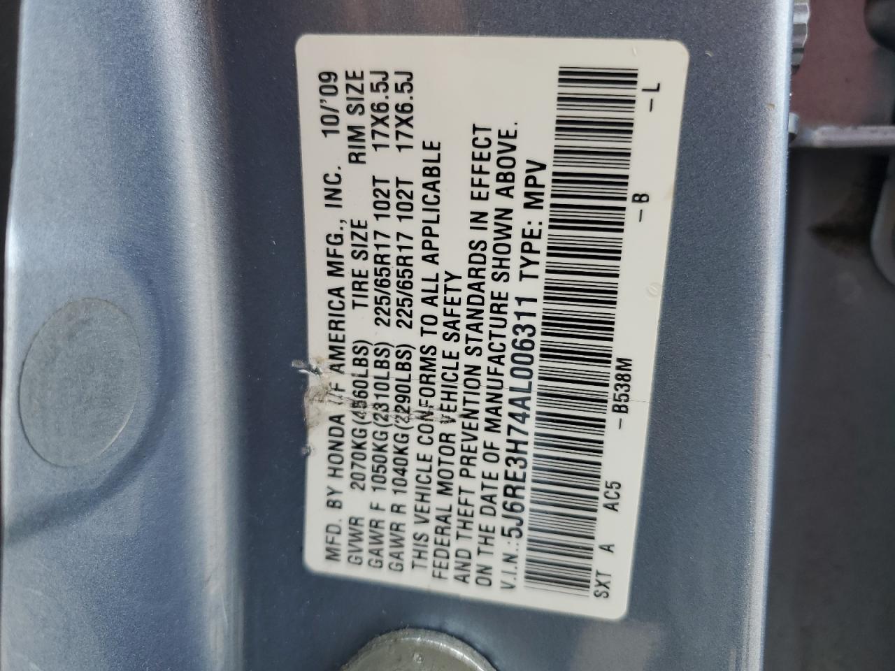 2010 Honda Cr-V Exl VIN: 5J6RE3H74AL006311 Lot: 65272454