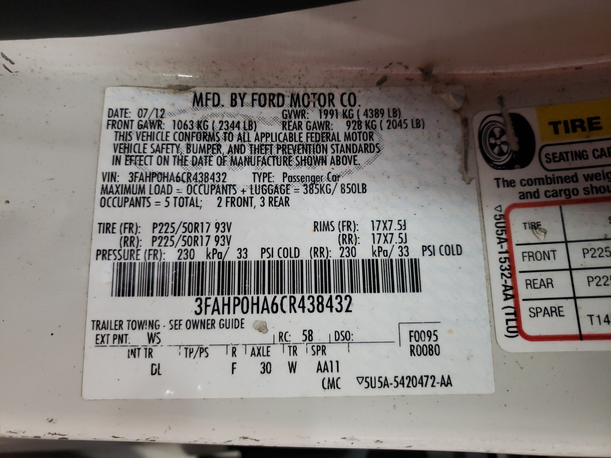 3FAHP0HA6CR438432 2012 Ford Fusion Se