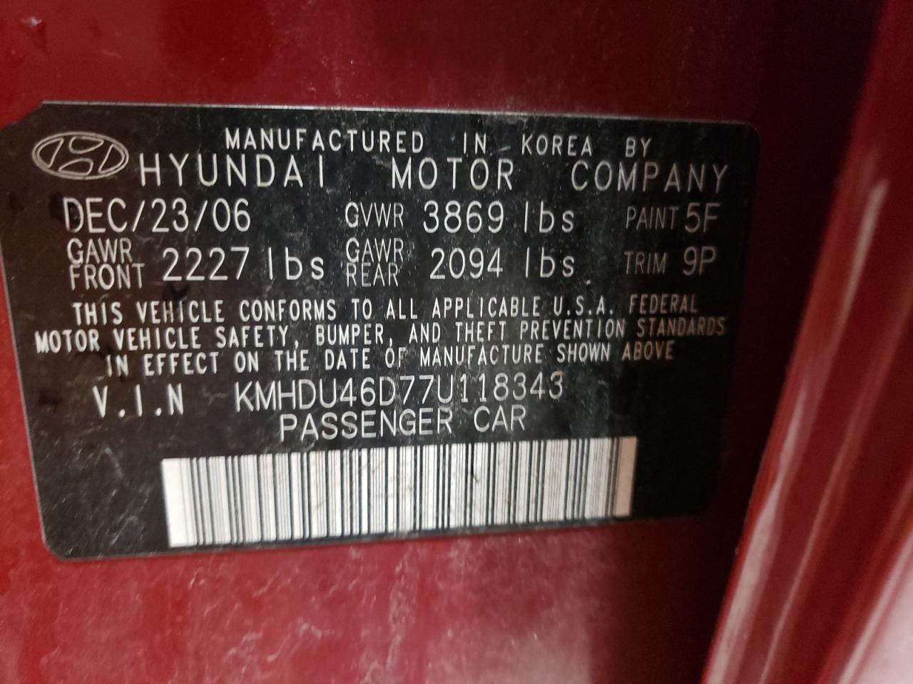 KMHDU46D77U118343 2007 Hyundai Elantra Gls