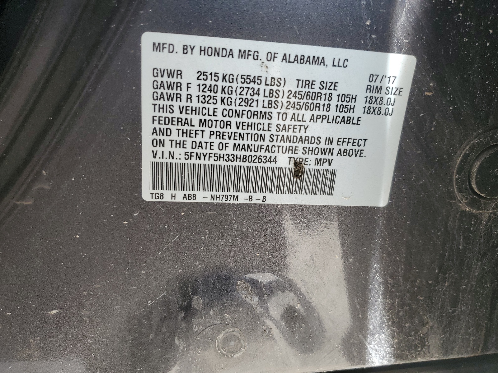 5FNYF5H33HB026344 2017 Honda Pilot Ex