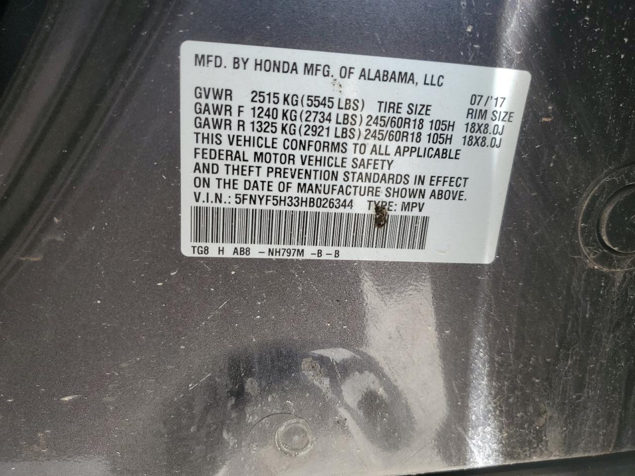 2017 Honda Pilot Ex VIN: 5FNYF5H33HB026344 Lot: 62417154