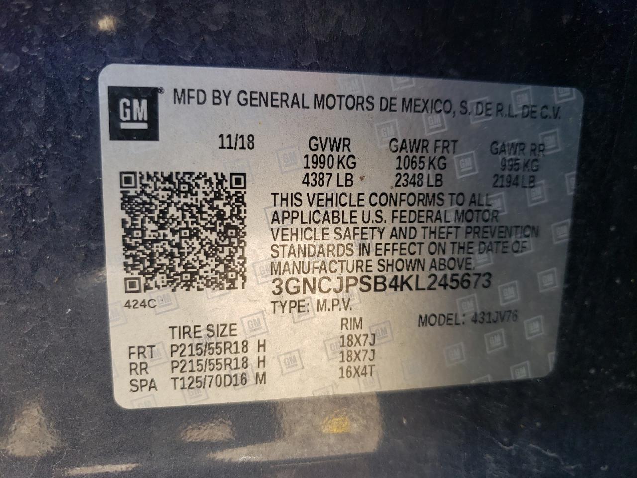 2019 Chevrolet Trax 1Lt VIN: 3GNCJPSB4KL245673 Lot: 64165604