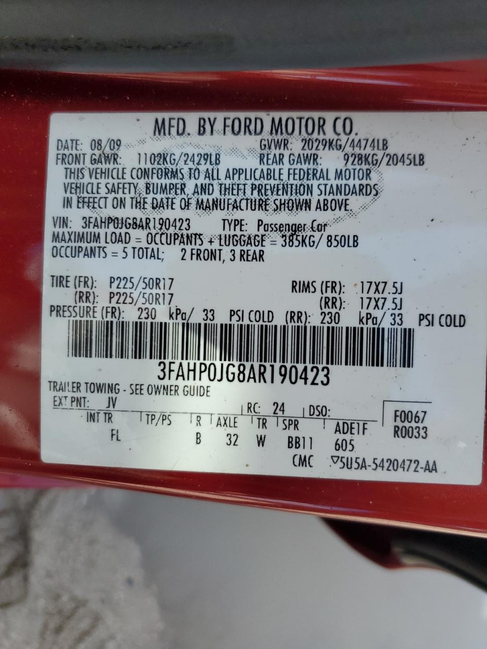 3FAHP0JG8AR190423 2010 Ford Fusion Sel