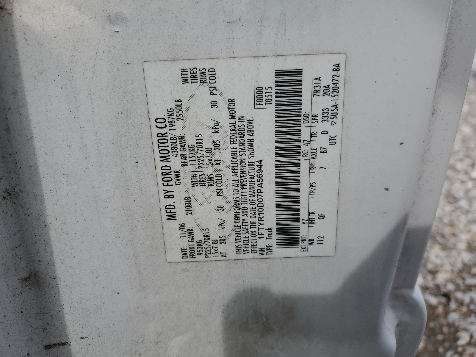 1FTYR10D07PA56944 2007 Ford Ranger