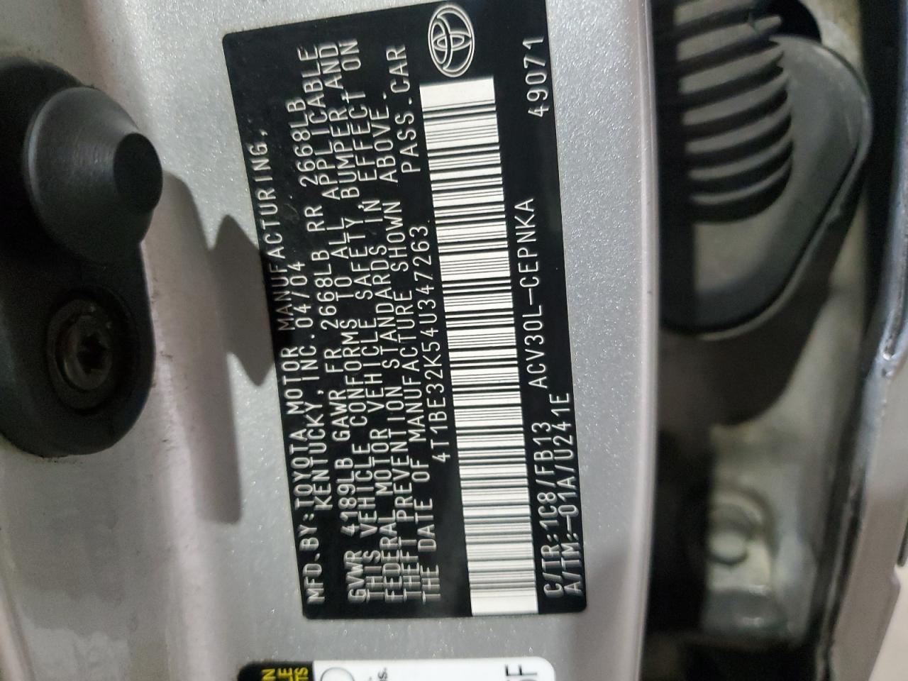 2004 Toyota Camry Le VIN: 4T1BE32K54U347263 Lot: 64030394