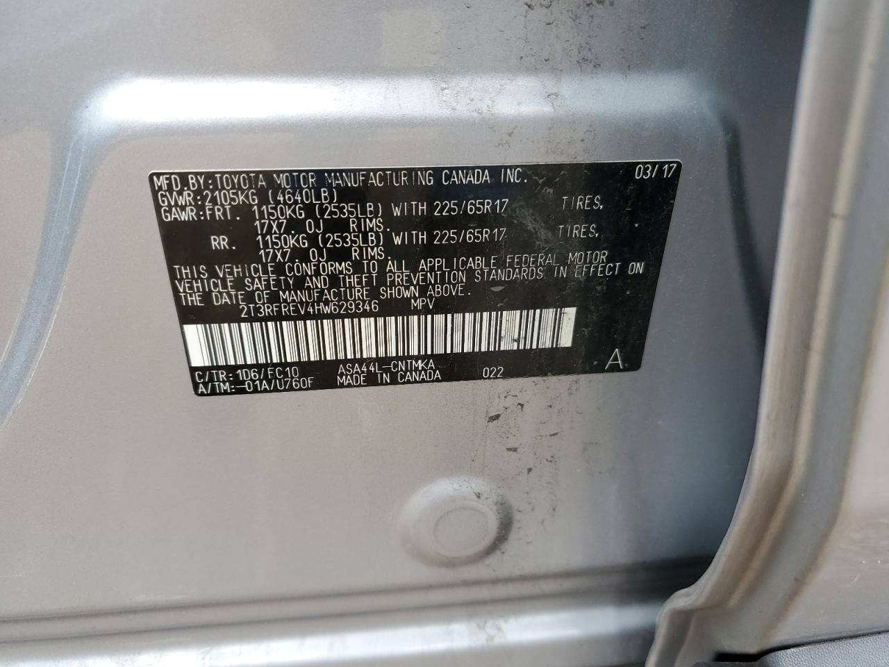 2017 Toyota Rav4 Xle VIN: 2T3RFREV4HW629346 Lot: 62258444