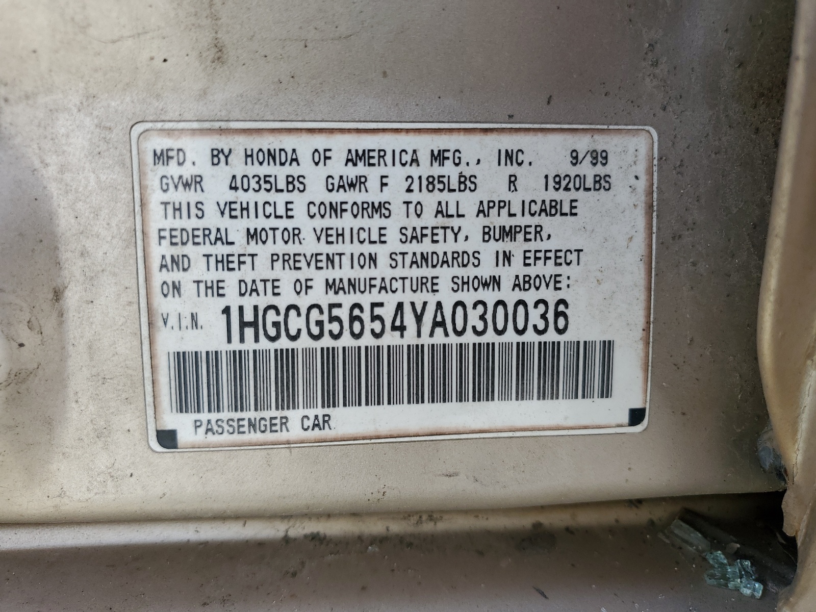 1HGCG5654YA030036 2000 Honda Accord Ex