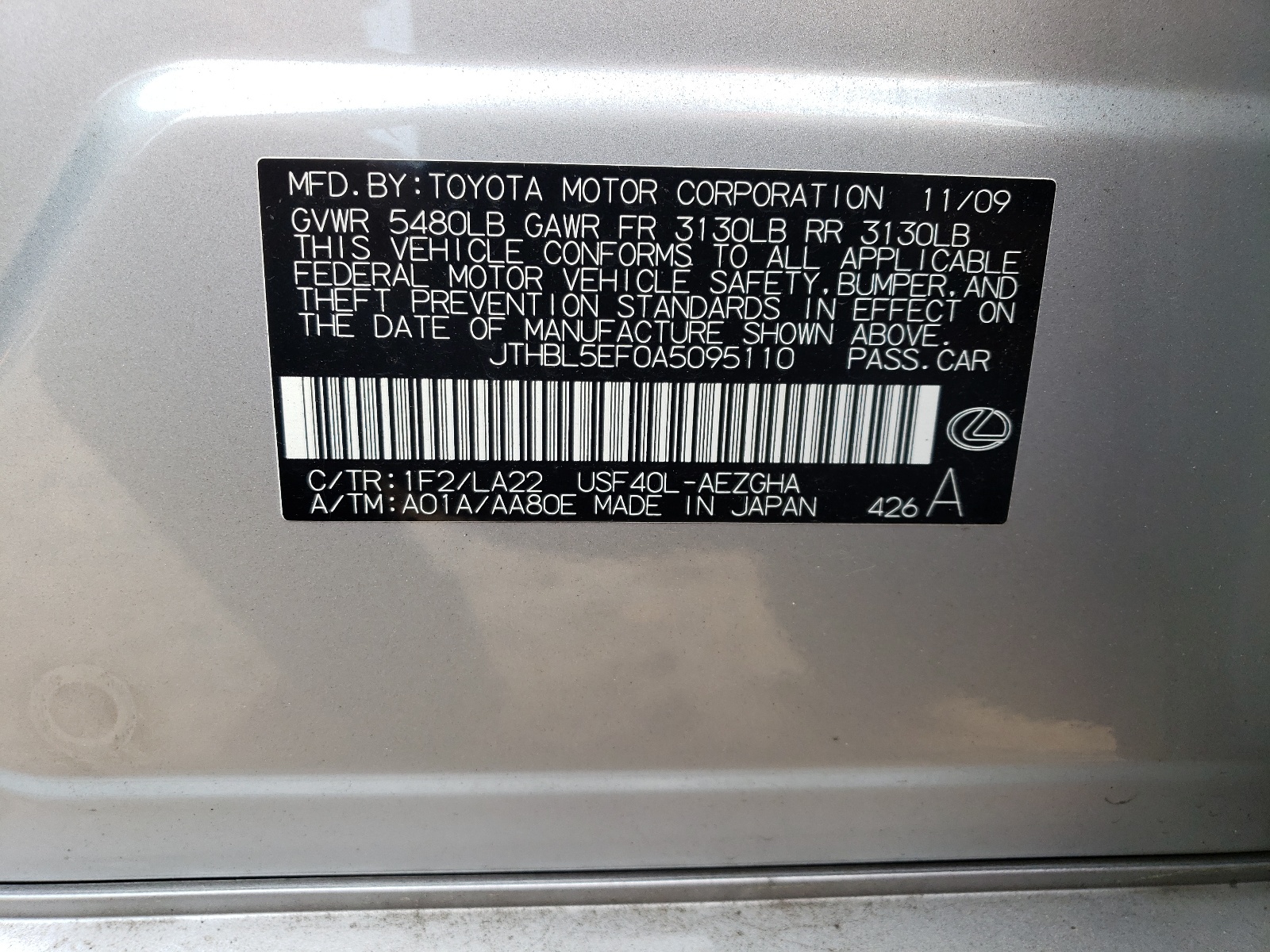 JTHBL5EF0A5095110 2010 Lexus Ls 460