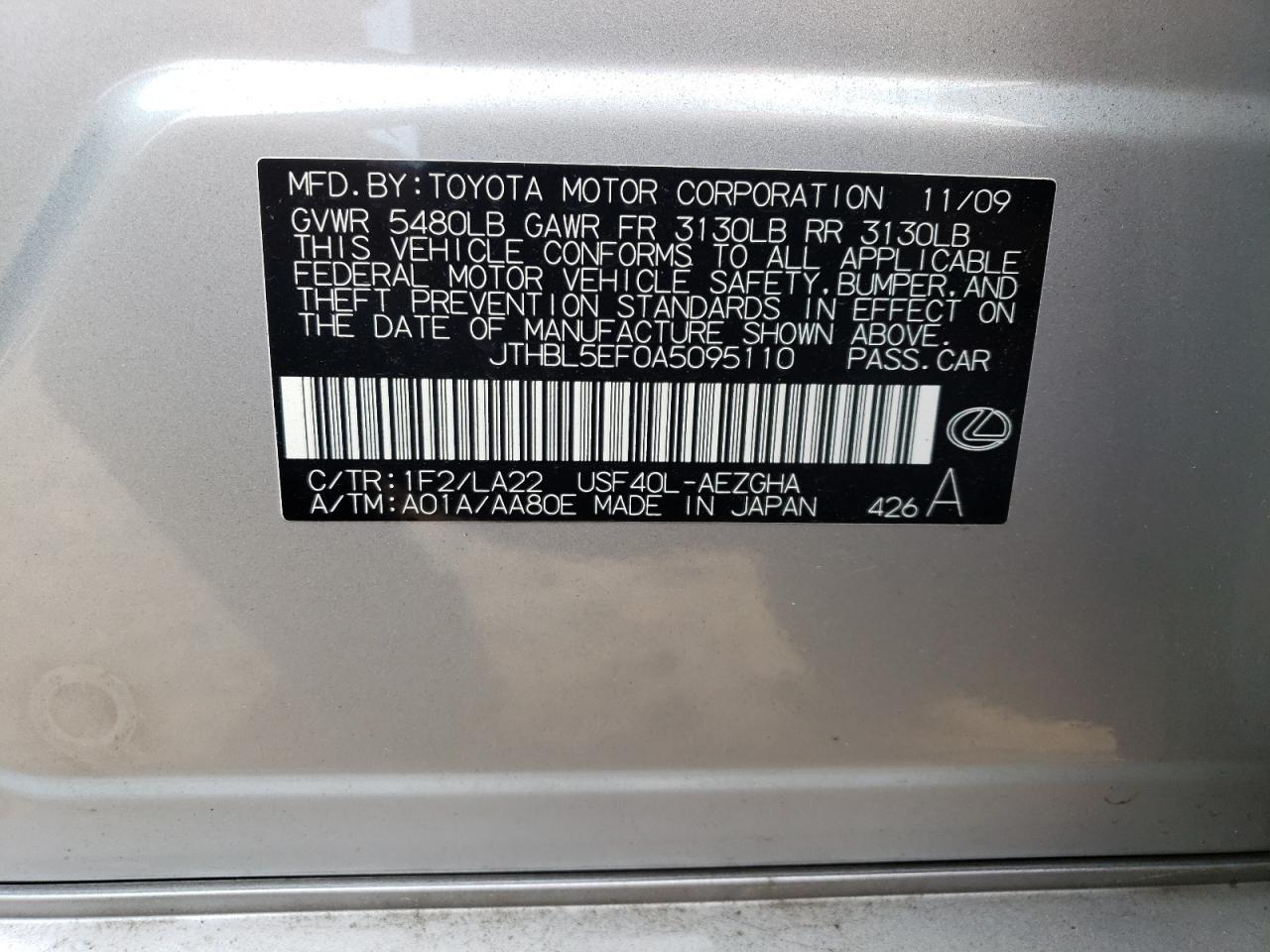 2010 Lexus Ls 460 VIN: JTHBL5EF0A5095110 Lot: 63081414