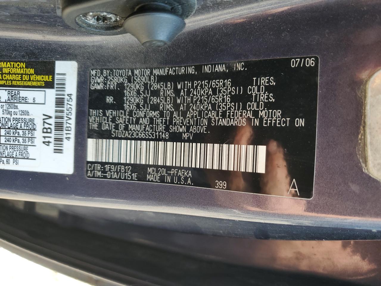 5TDZA23C66S531148 2006 Toyota Sienna Ce