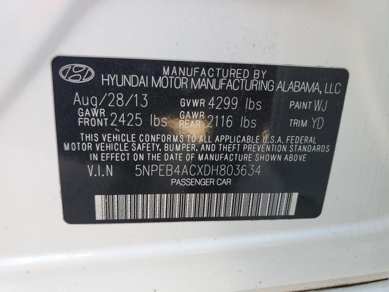 5NPEB4ACXDH803634 2013 Hyundai Sonata Gls