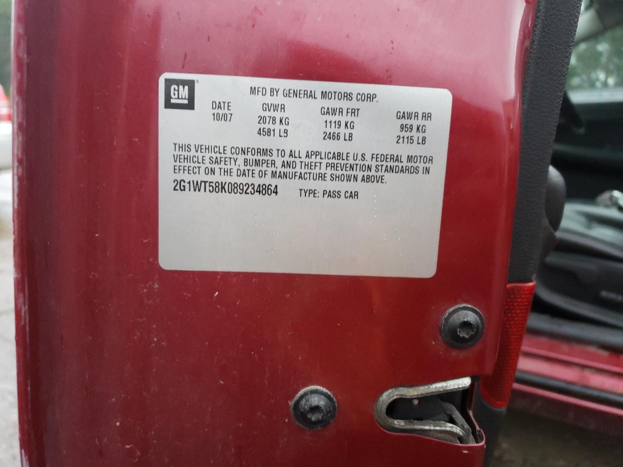 2008 Chevrolet Impala Lt VIN: 2G1WT58K089234864 Lot: 63081984