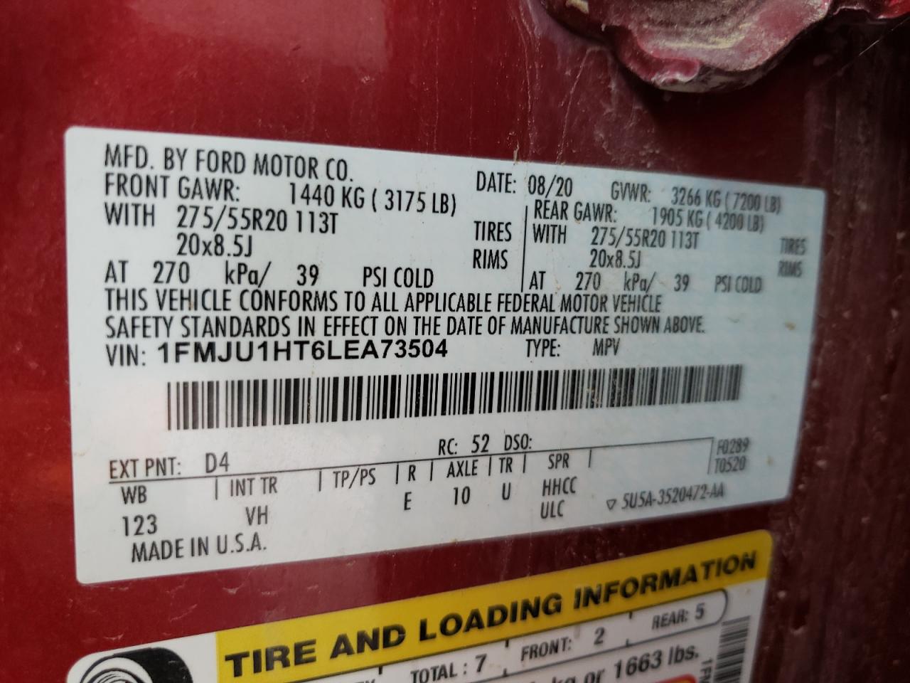 2020 Ford Expedition Xlt VIN: 1FMJU1HT6LEA73504 Lot: 61703094