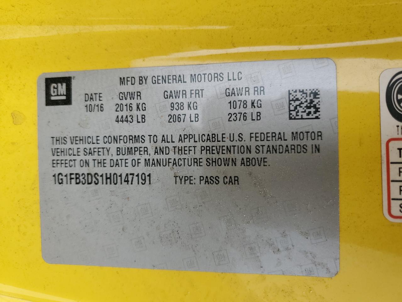 2017 Chevrolet Camaro Lt VIN: 1G1FB3DS1H0147191 Lot: 62860824