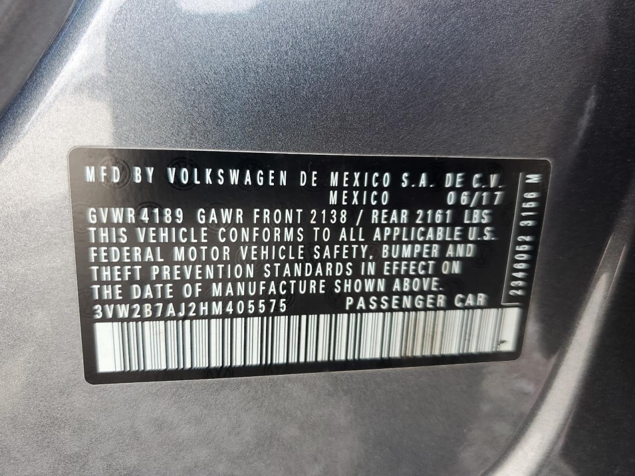 2017 Volkswagen Jetta S VIN: 3VW2B7AJ2HM405575 Lot: 63424854