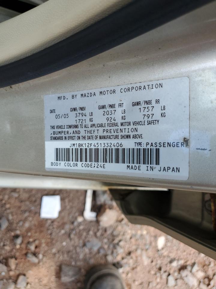 2005 Mazda 3 I VIN: JM1BK12F451332406 Lot: 60626514