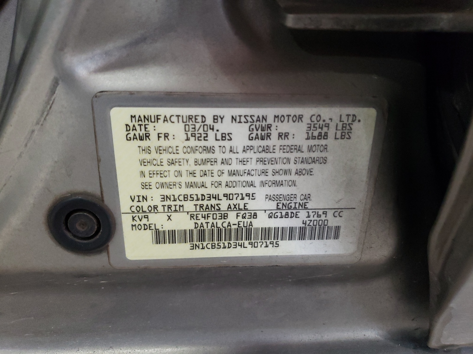 3N1CB51D34L907195 2004 Nissan Sentra 1.8