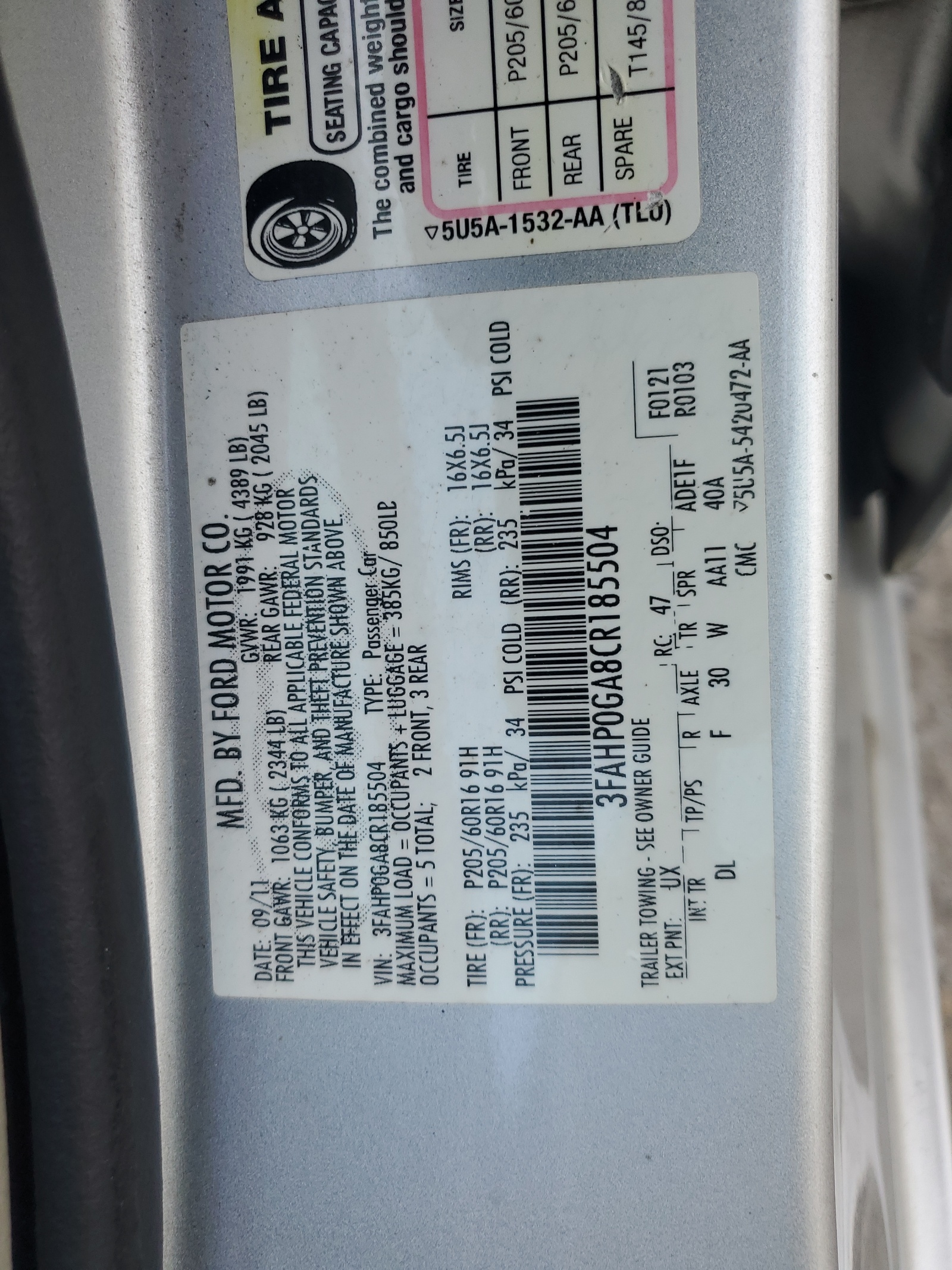 3FAHP0GA8CR185504 2012 Ford Fusion S