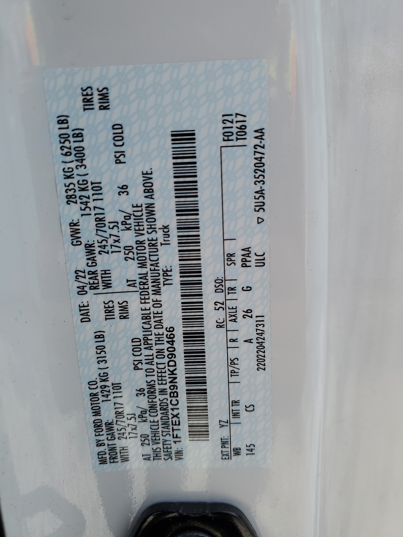 1FTEX1CB9NKD90466 2022 Ford F150 Super Cab