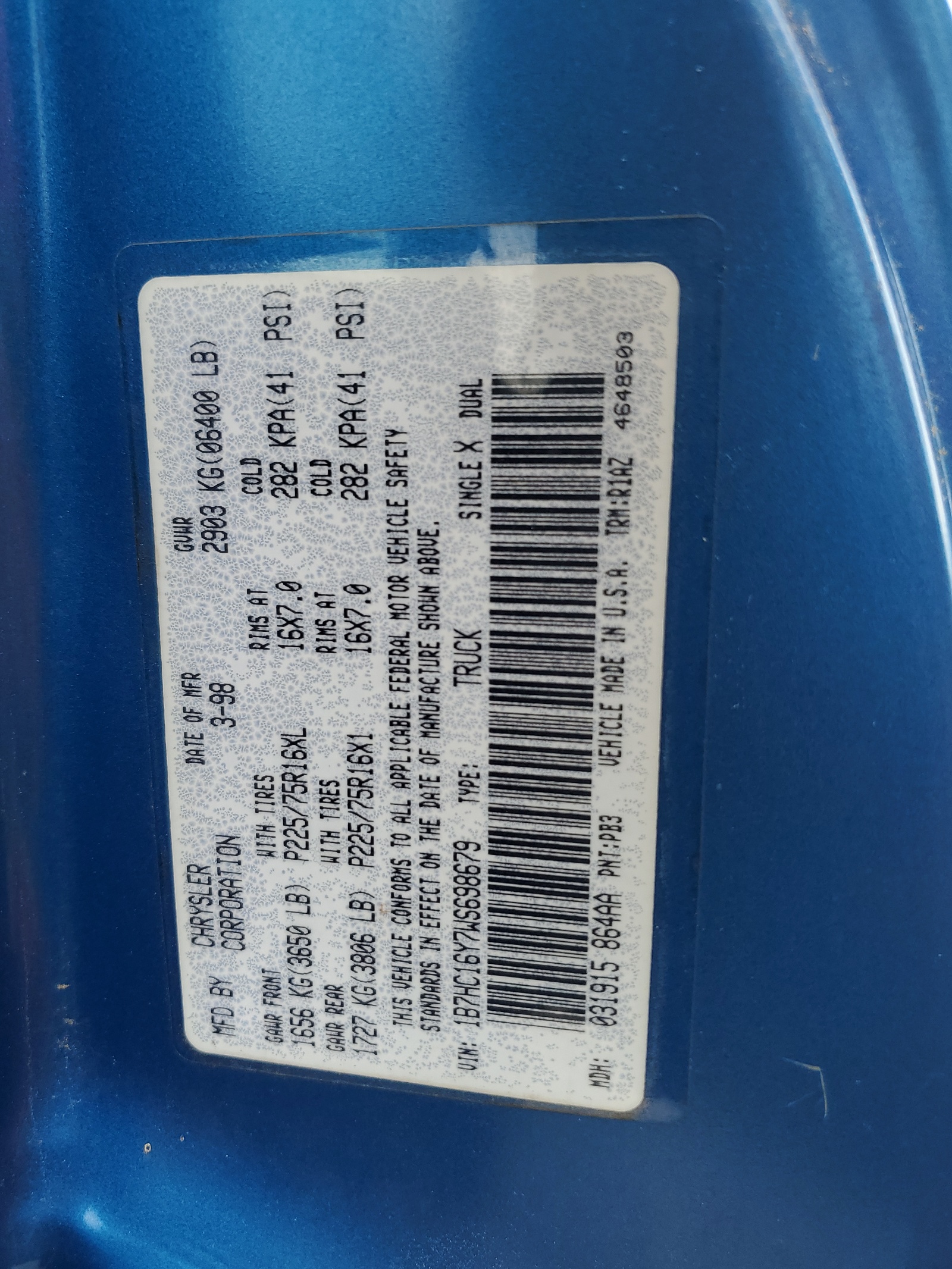 1B7HC16Y7WS698679 1998 Dodge Ram 1500