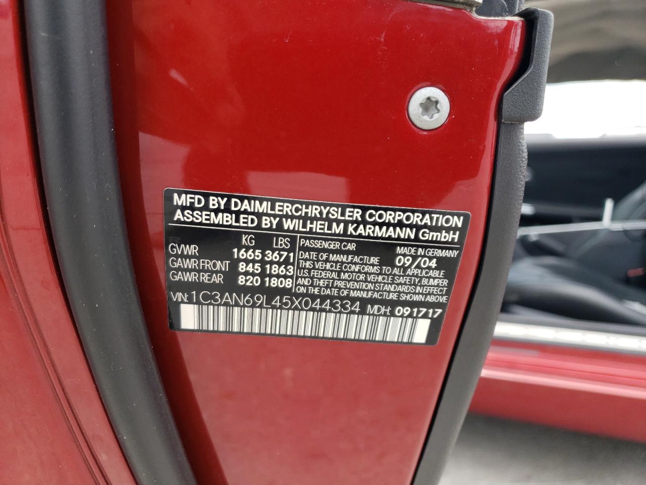 2005 Chrysler Crossfire Limited VIN: 1C3AN69L45X044334 Lot: 62671064